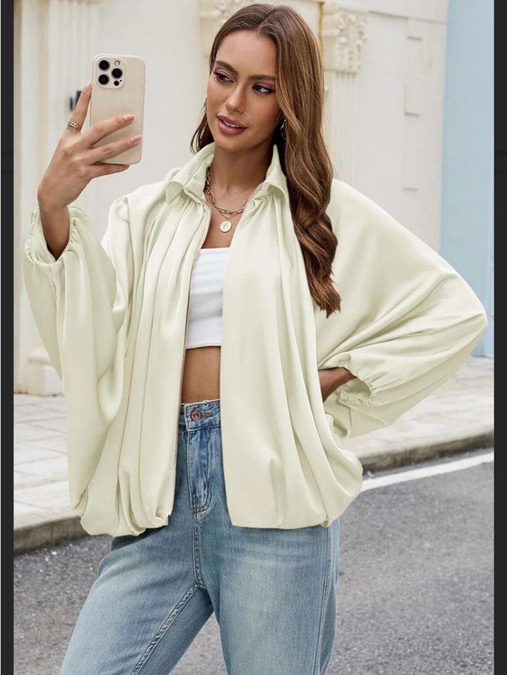 Satin puffed bomber jacket with oversized batwing sleeves lapel collar pleated